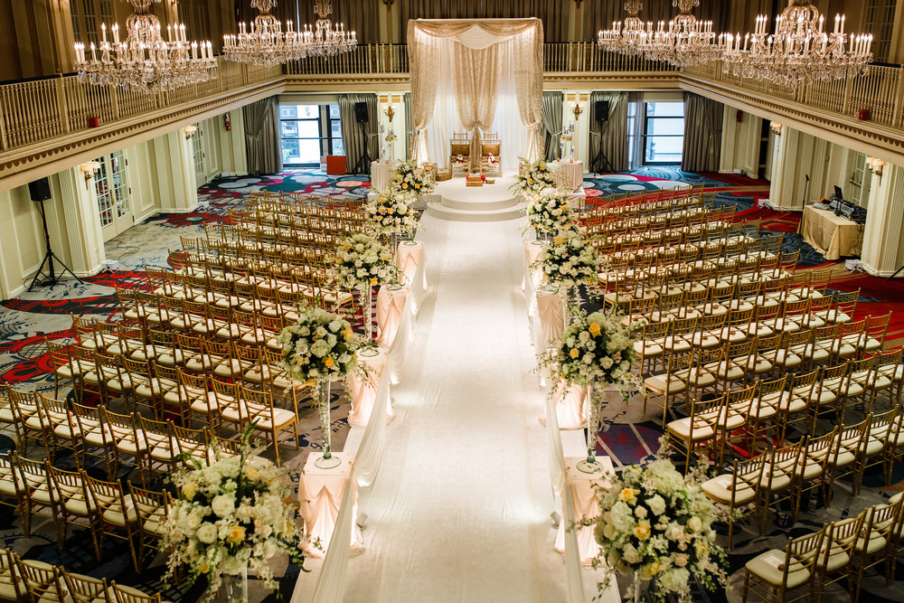 Aerial view of wedding ceremony chairs and decor at The Drake Hotel in Chiago