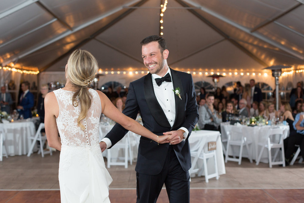 Bride and groom share first dance at Camp Hale wedding reception