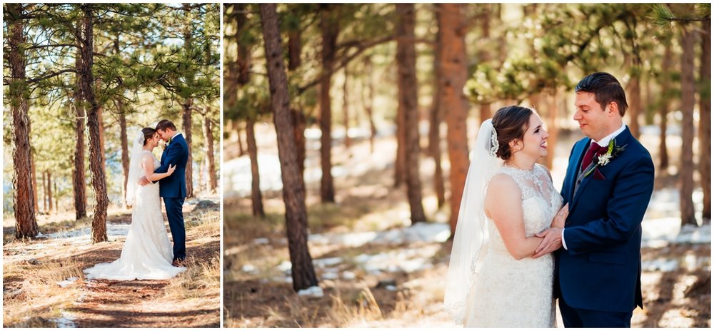  bride and groom in the woods together 
