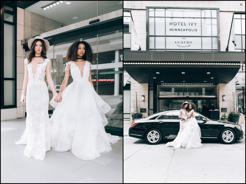 two brides outside the Hotel Ivy for their wedding in Minneapolis