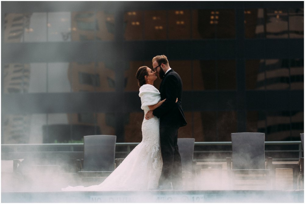 Bride and groom's first look at Space Gallery Denver wedding