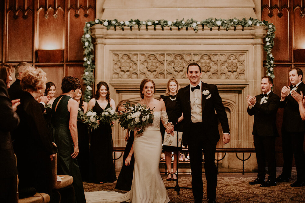 Wedding ceremony fireside in Michigan Room at University Club Chicago