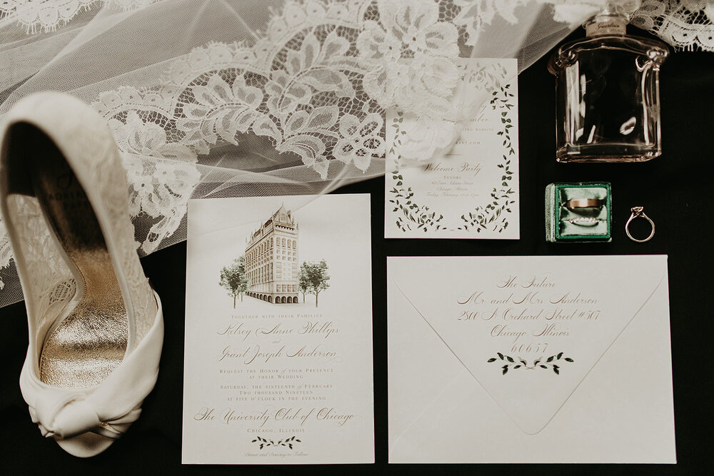 Wedding invitations for University Club Chicago wedding and details