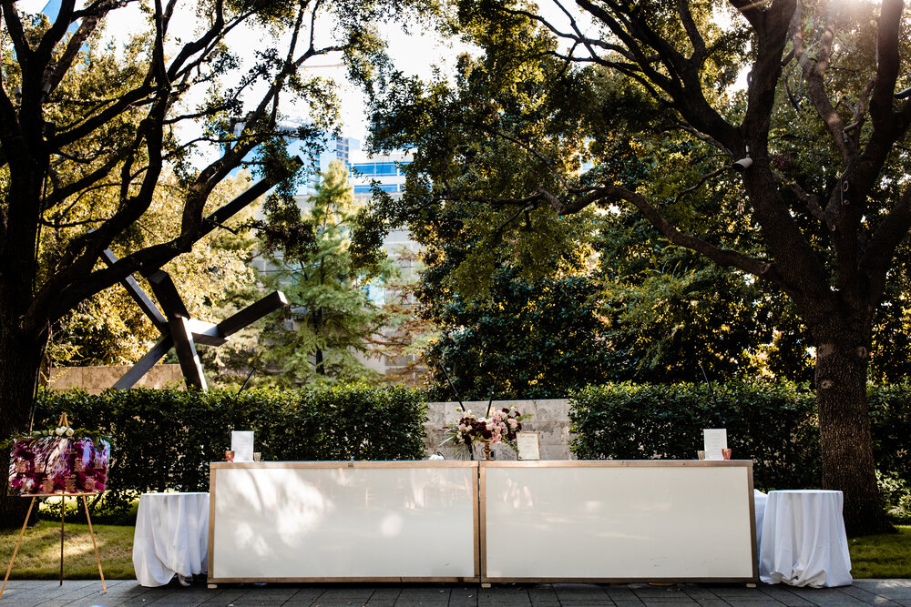 welcome table at reception of Nasher Sculpture Center wedding