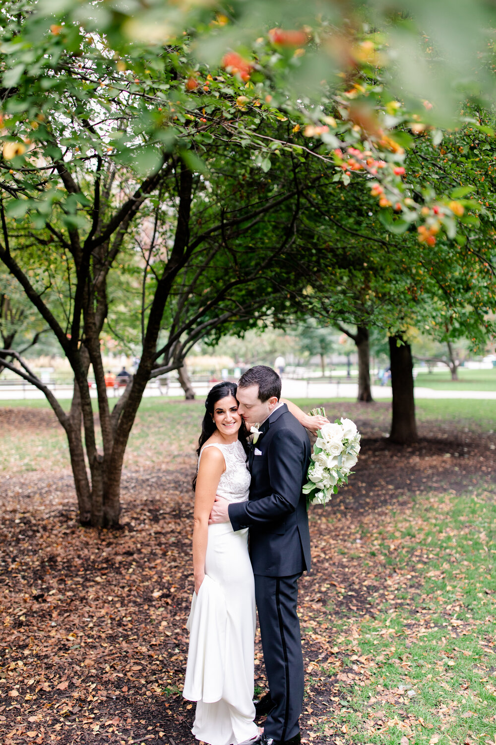 bride and groom in the park at Sofitel Chicago wedding