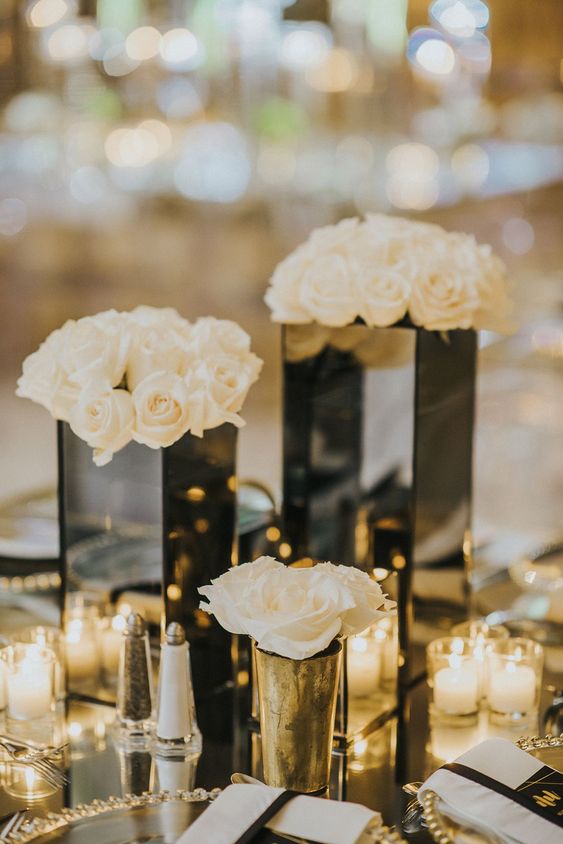 New Years Eve Black, White, and Gold Wedding Centerpiece 