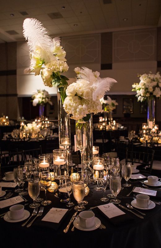 New Year's Eve Floral and Feathered Tall Centerpieces 