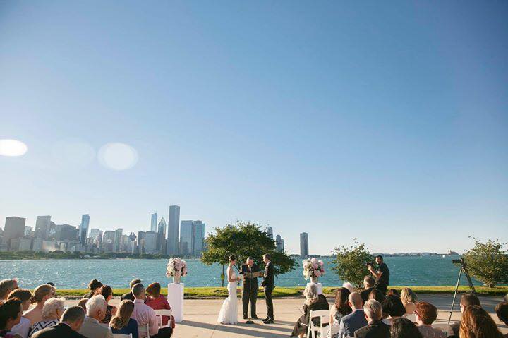 Wedding ceremony outside the Adler Planetarium Chicago wedding venue