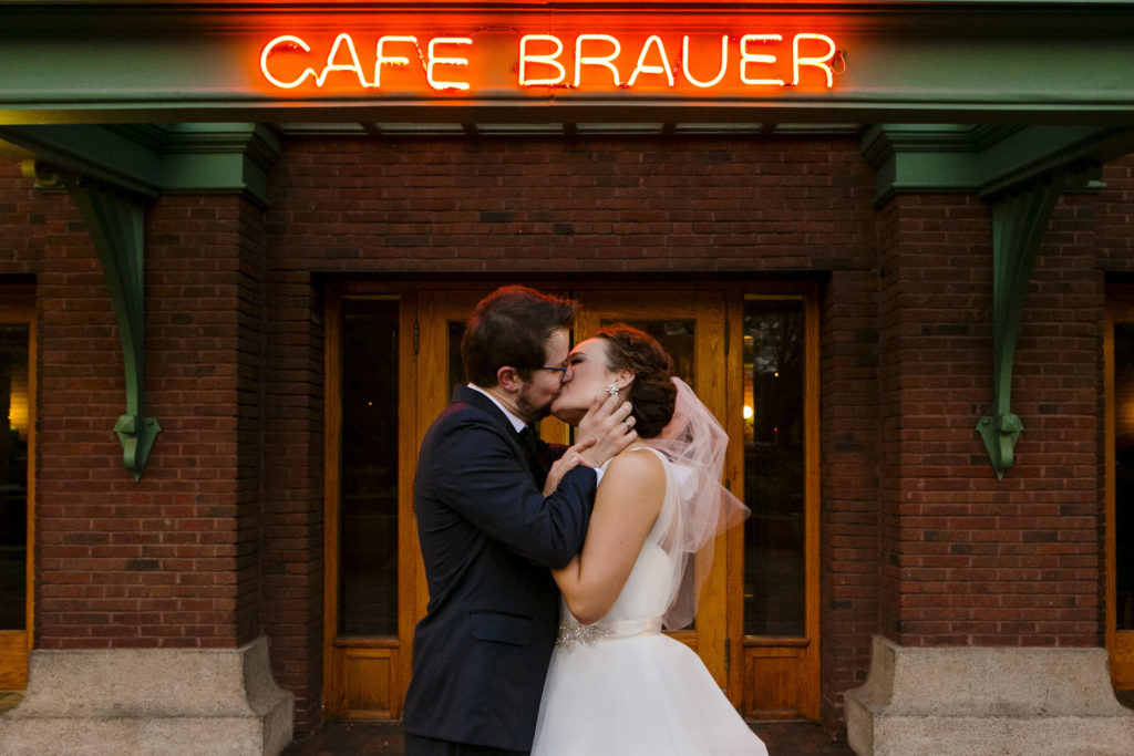 Couple at the entrance of Cafe Brauer  Chicago wedding venue