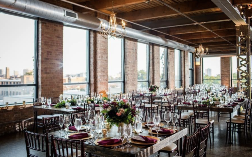 The reception area of the City View Loft Chicago wedding venue
