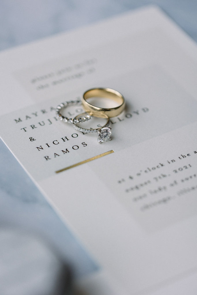 The Old Post Office Chicago wedding invitation and rings