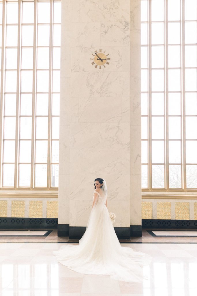 Bride in the historic lobby of The Old Post Office Chicago wedding venue 