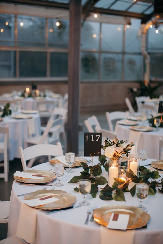 Evening wedding reception at modern Milwaukee venue