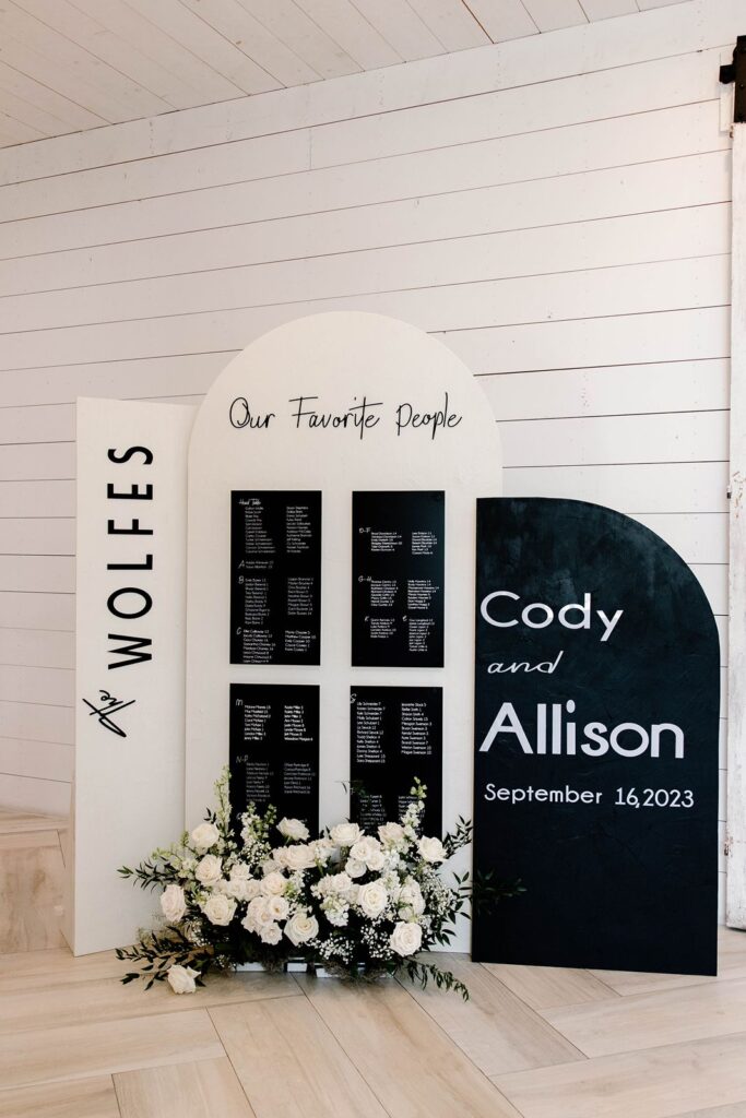 modern reception welcome sign and seating chart