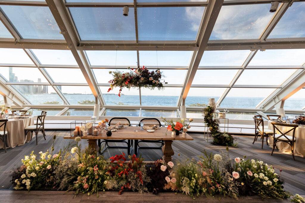 Intimate wedding sweetheart table with lakeviews