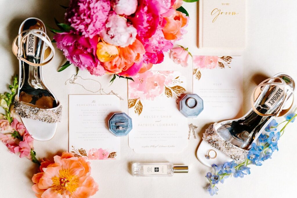 invitation flatlay at dallas hotel wedding venue