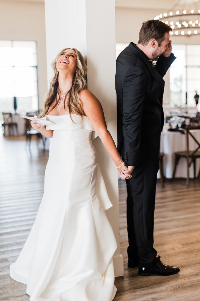 Bride and groom having a first look at The Arlo