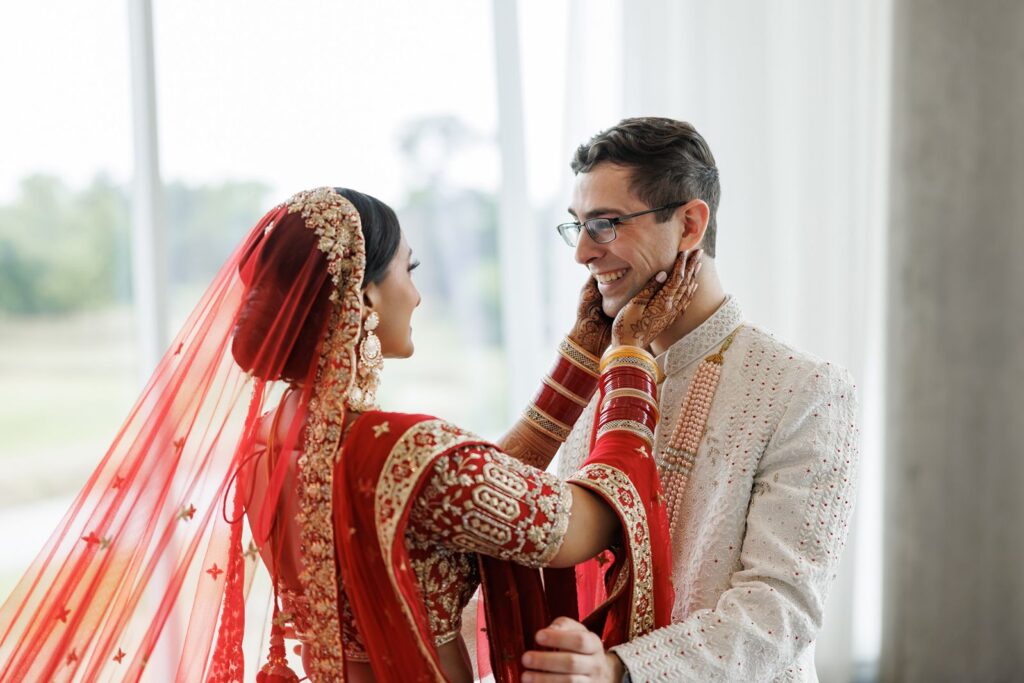 Multicultural Indian wedding portrait of bride and groom